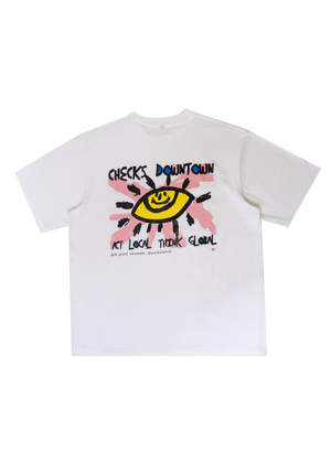 Act Local, Think Global T-shirt White | CHECKS DOWNTOWN
